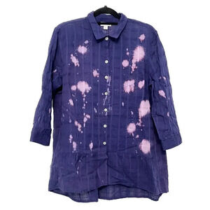 JJill Tunic Blouse Button Up Shirt Purple Blue Size Medium Petite Bleach Tie Dye